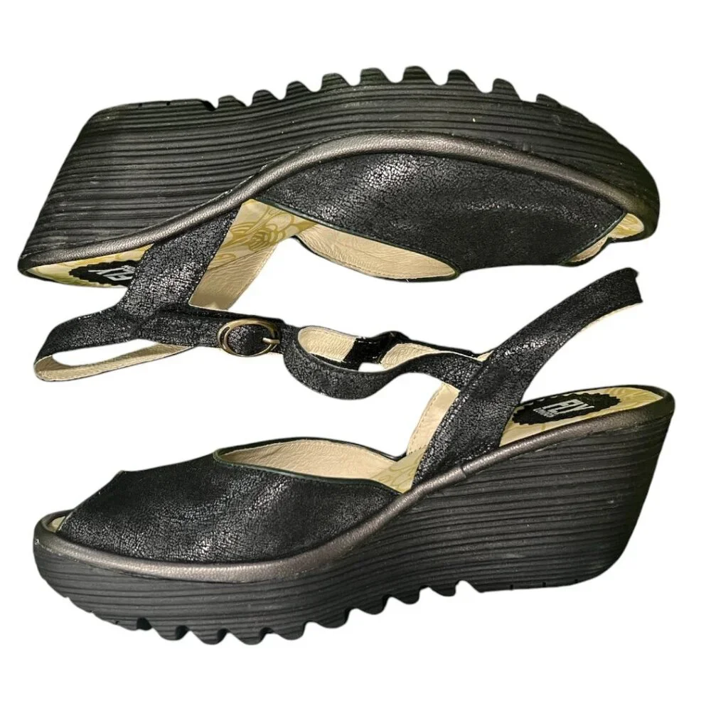 Fly London Yora Women's Black Leather Wedge Sandals Rubber Sole sz. 40